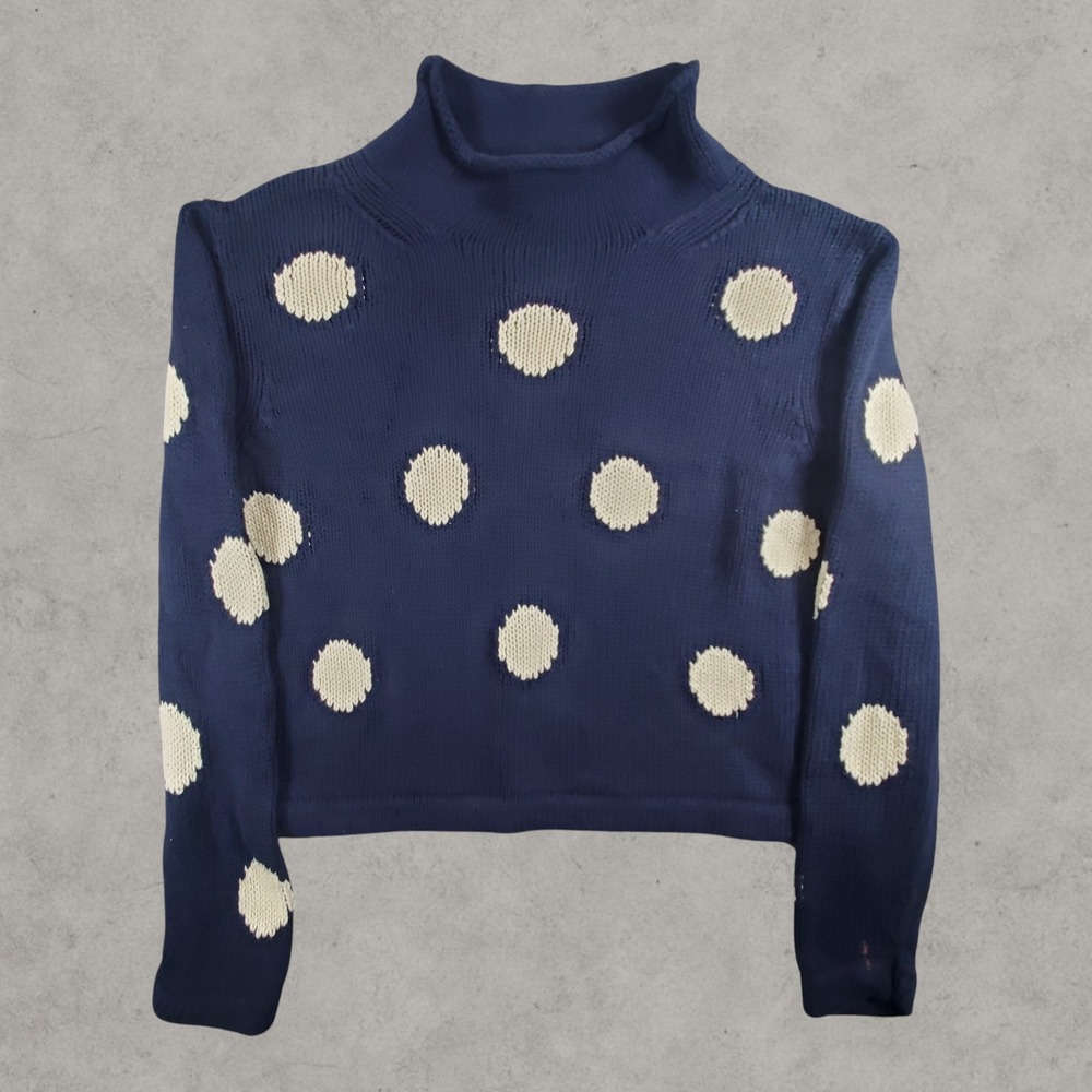 J.Crew Always Sweater Womens Medium Navy Blue Polka Dot Cotton Mock Roll Neck
